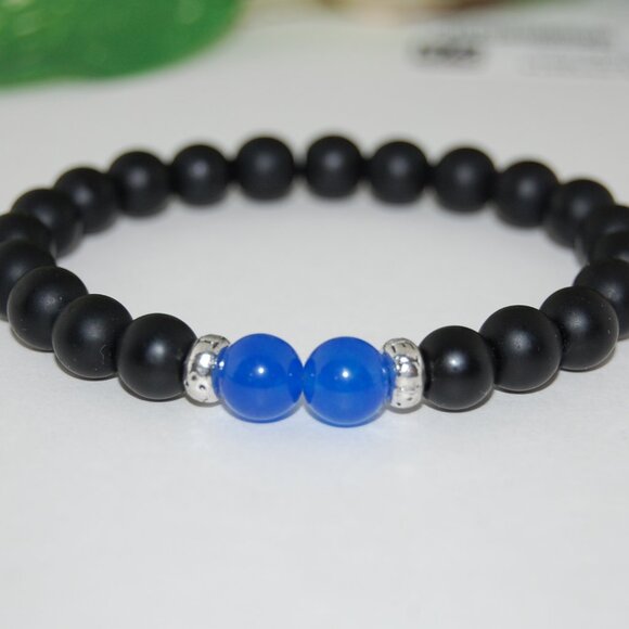 Onyx Bracelet,Black Onyx Stone Bracelet,Blue Agate,Black and Blue Bracelet,Men - Picture 2 of 2
